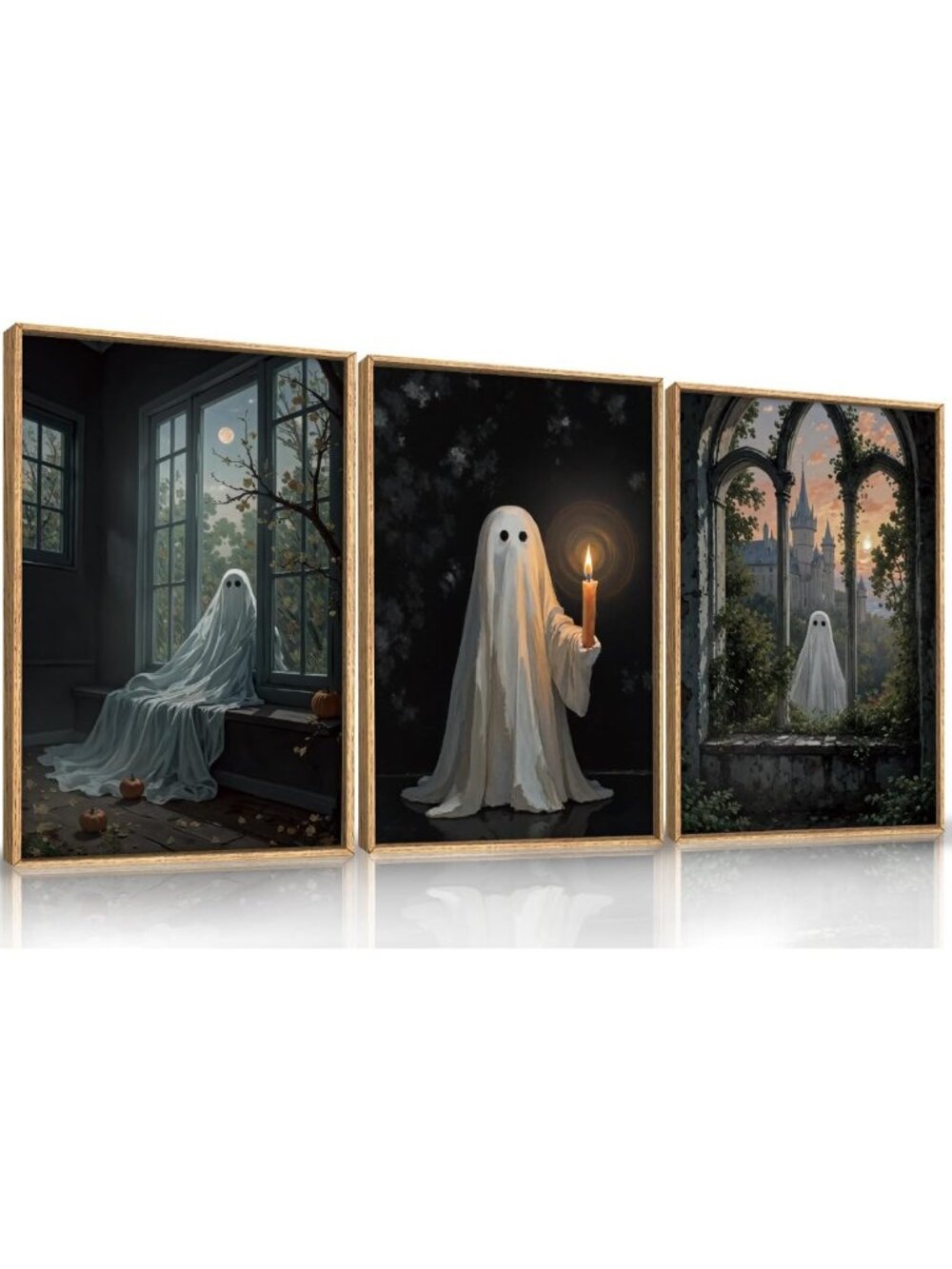 Large Halloween Ghost Canvas Wall Art Set - Vintage Spooky Decor for Home